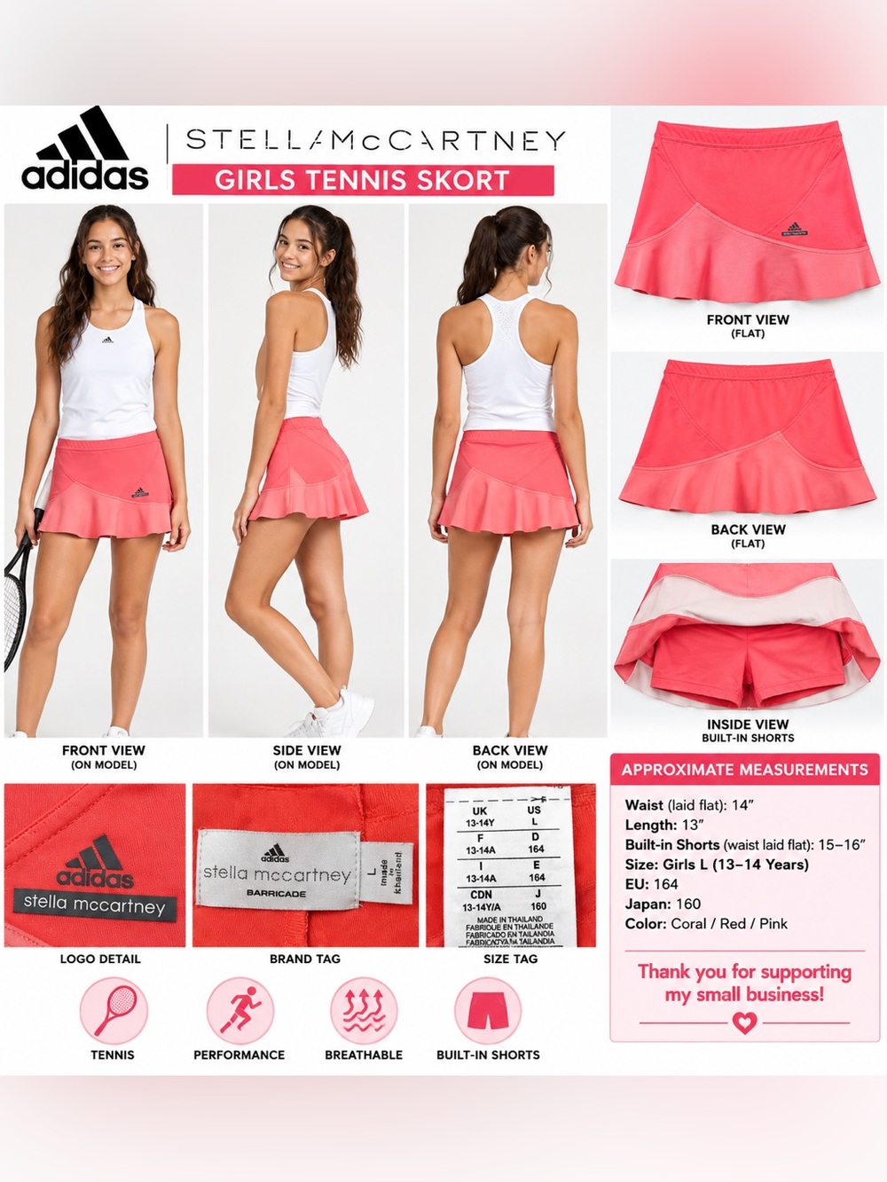 Adidas by Stella McCartney Barricade Girls L 13-14Y Tennis Skirt Skort Coral